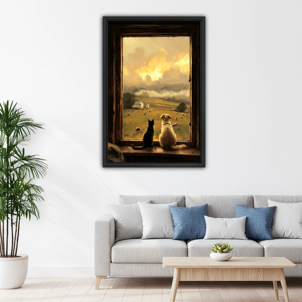 Rustic cat and dog sunset oil painting black framed canvas print above gray sofa in minimalist living room