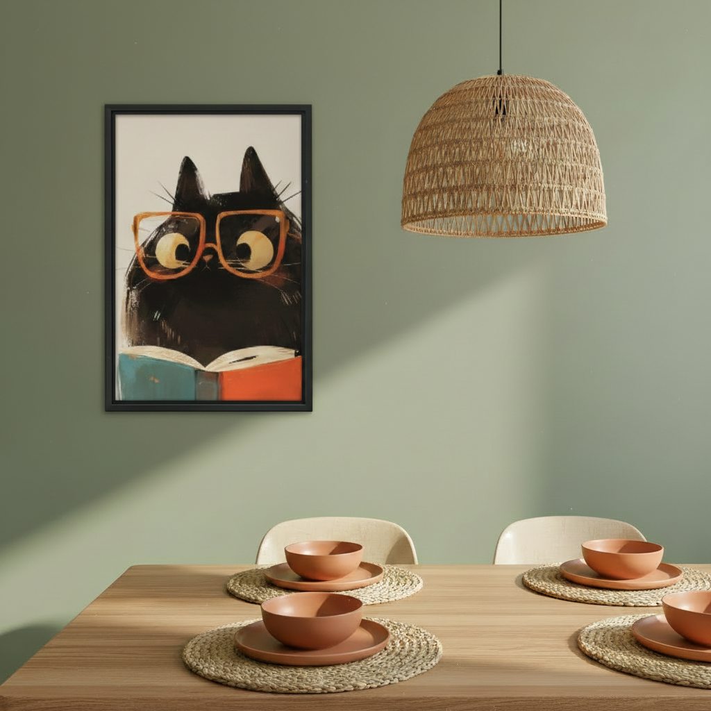 Quirky Black Cat Wearing Orange Glasses Framed Wall Print – Retro Reading Cat Art for Eclectic Interiors