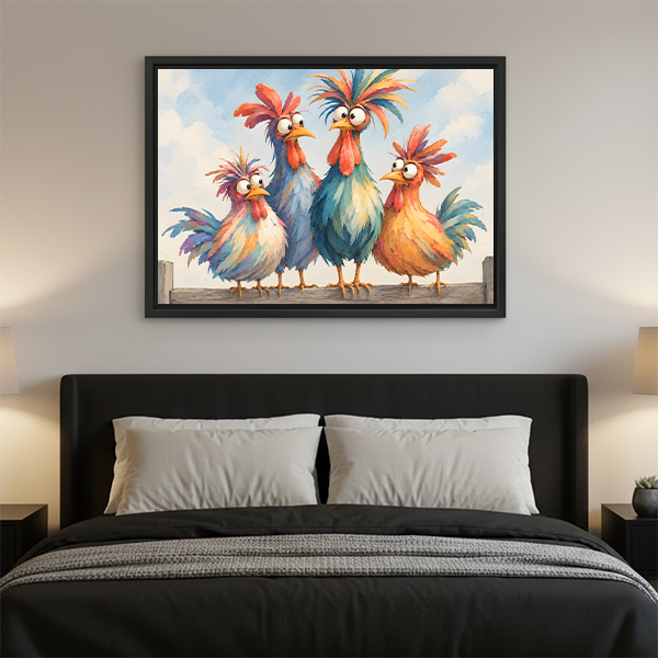 Framed whimsical rooster family canvas wall art displayed above a console in a bright living room