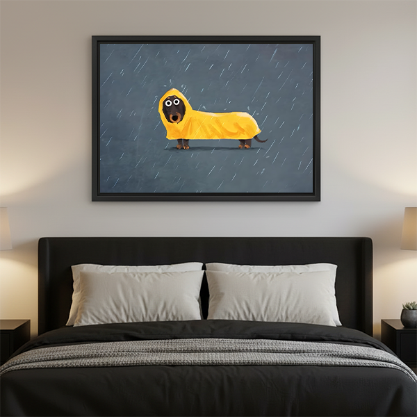 Framed dachshund in yellow raincoat wall art above bed in cozy bedroom decor