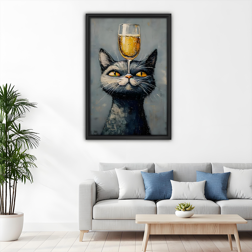 Framed surreal black cat wine canvas wall art held by a smiling woman in a bright room.