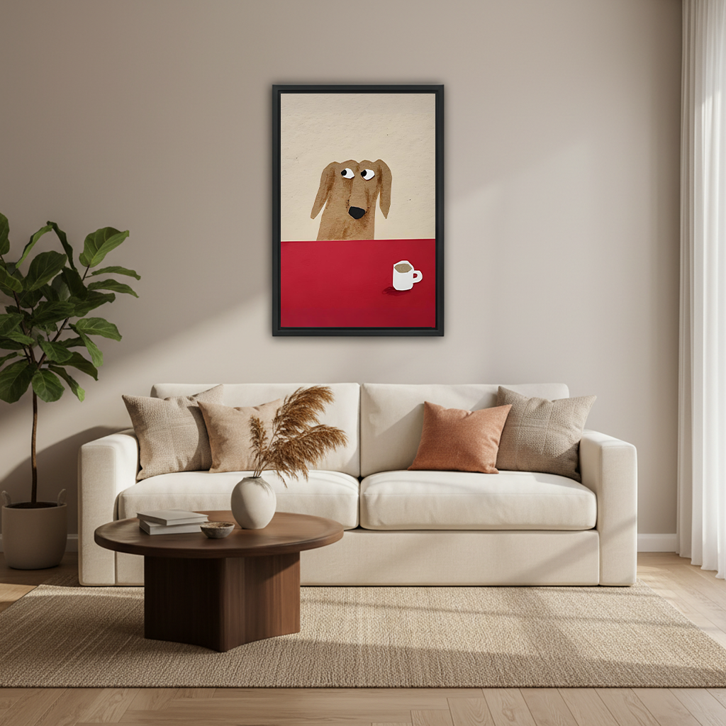 Funny dachshund coffee minimalist framed wall art above cream sofa with round walnut coffee table in modern living room