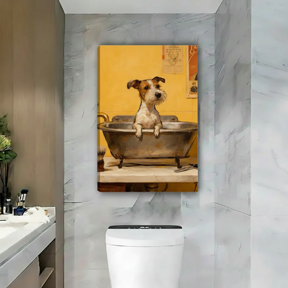 Vintage terrier dog in clawfoot bathtub canvas wall art displayed above toilet in modern marble bathroom