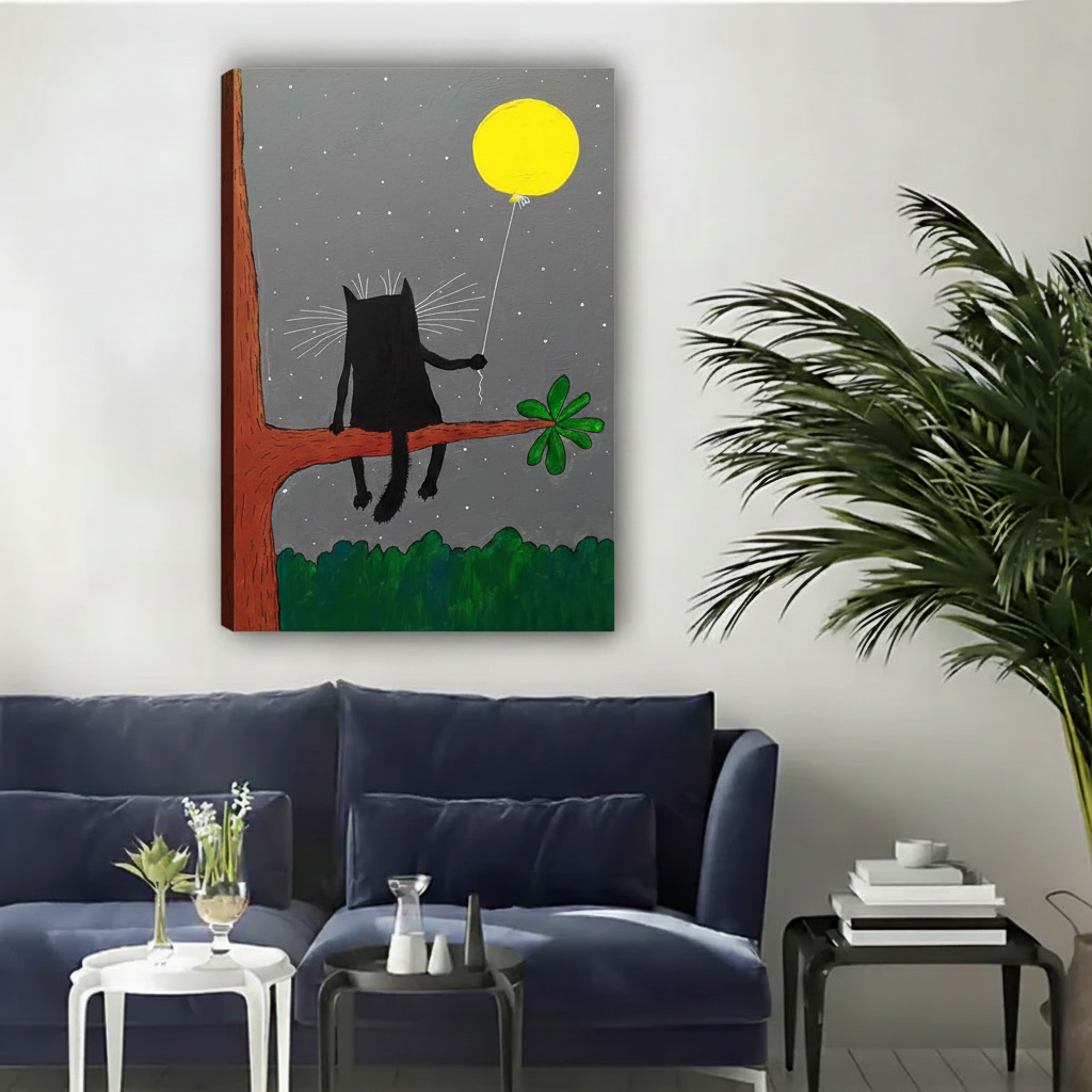 Black cat yellow balloon canvas art print, whimsical night scene wall decor, framed art for modern living room