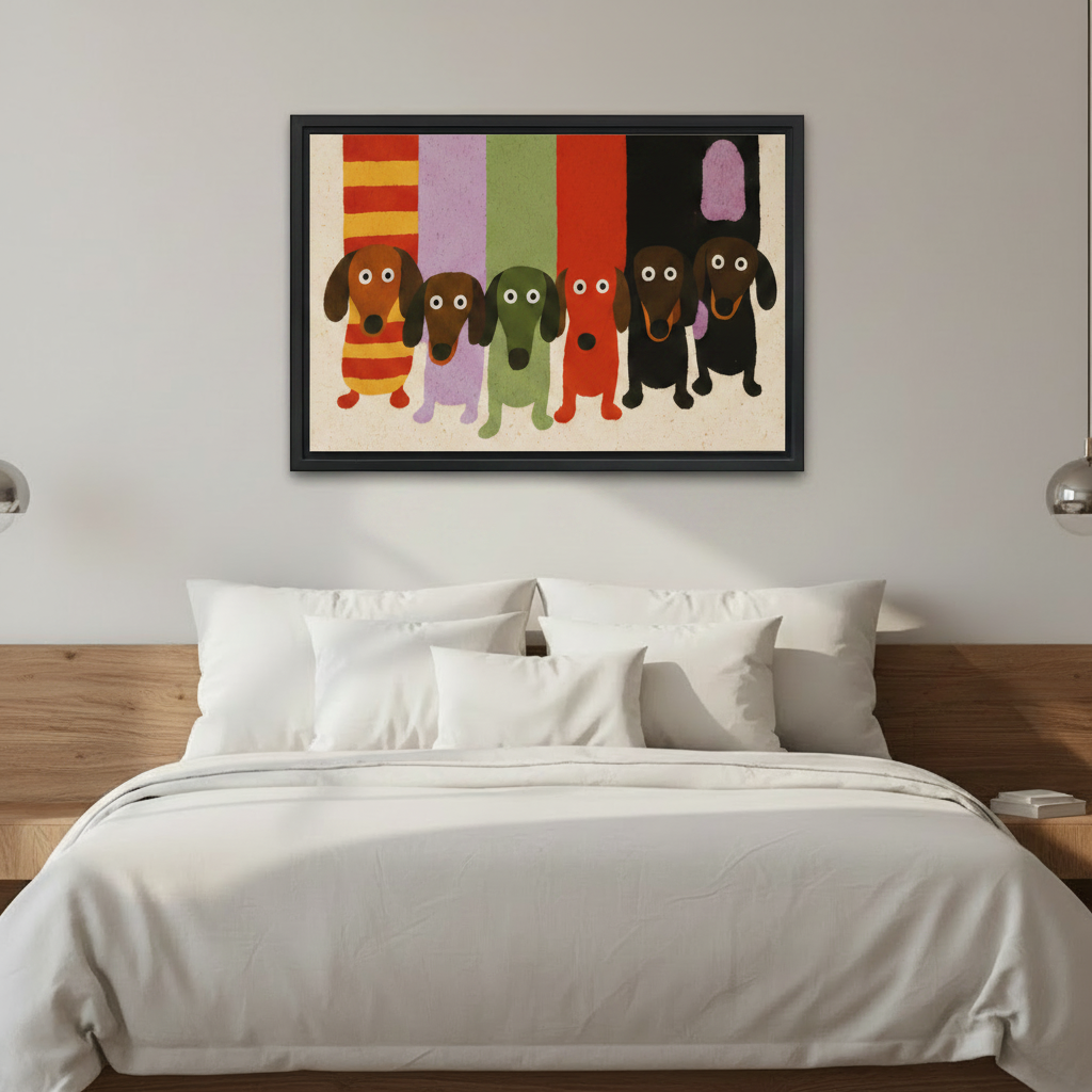 Colorful dachshund gang framed canvas print above white bed, whimsical retro dog wall art, black frame, cozy bedroom wall decor for dog lovers