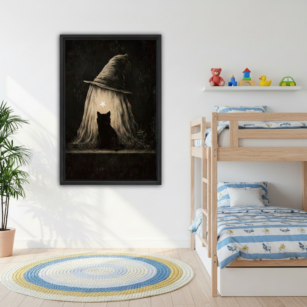 Mystical black cat gothic wall art in black frame, dark witch hat canvas print displayed in kids bedroom