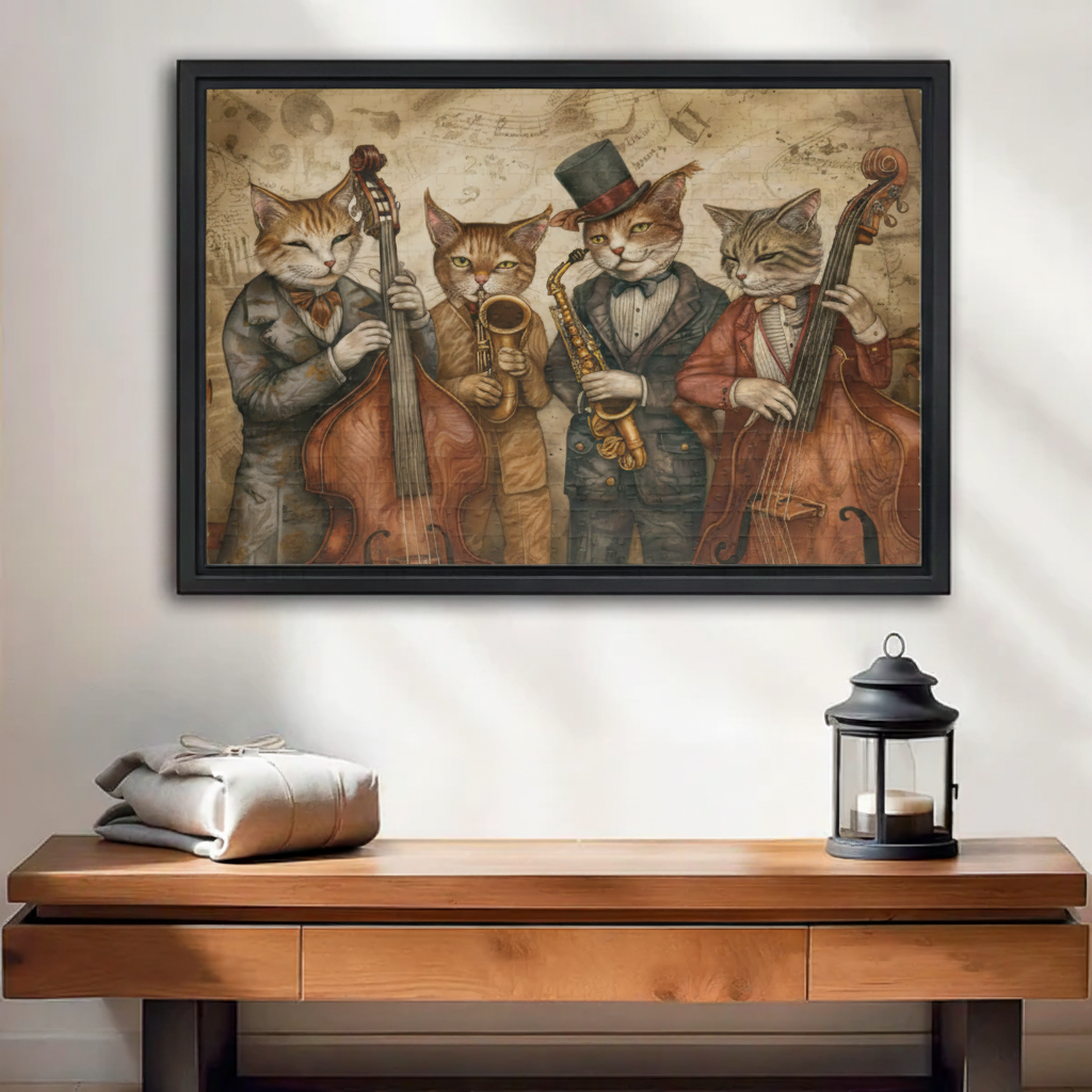 Vintage jazz cat band framed canvas wall art above wooden console table in entryway