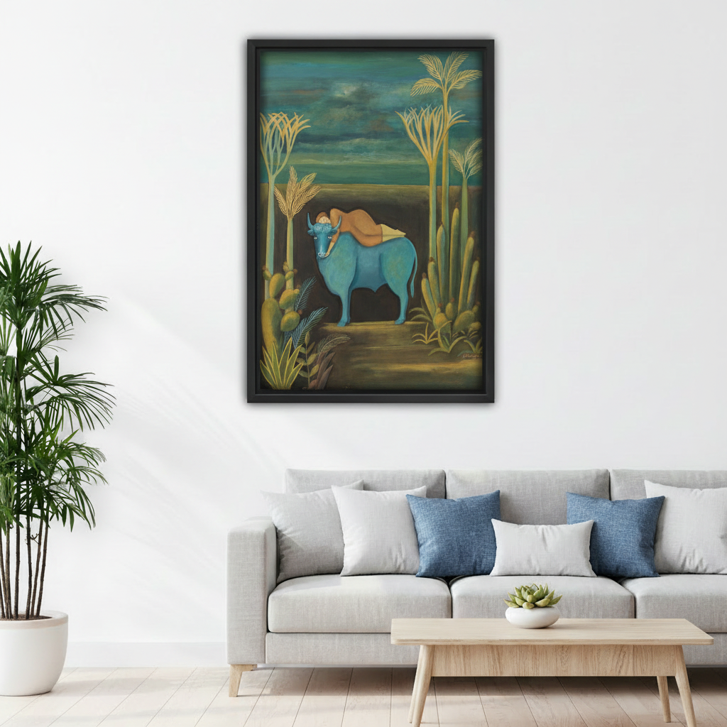 Black framed blue bull surrealist wall art above a gray sofa in a bright modern living room, statement art print for home decor
