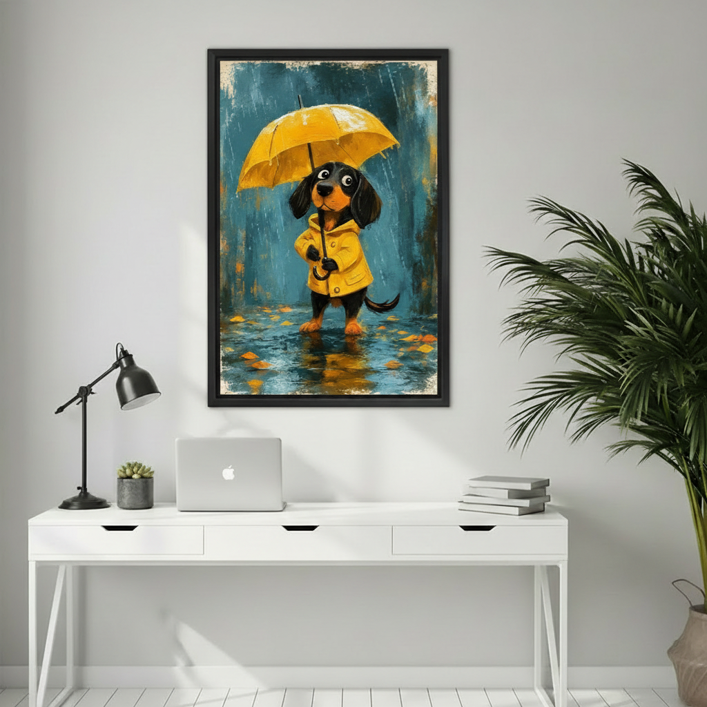 Rainy Day Dachshund Framed Canvas Wall Art Print l1957