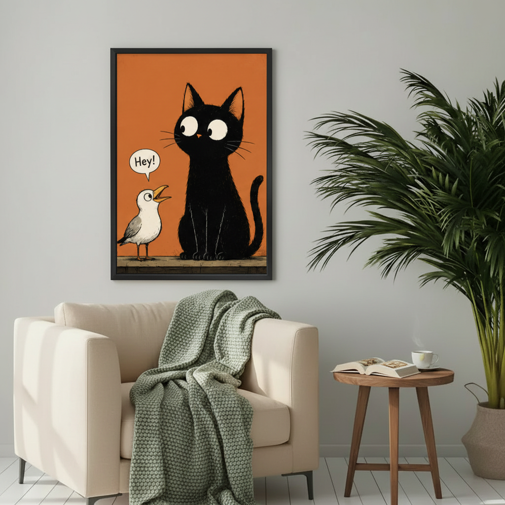 Black Cat Seagull Retro Cartoon Framed Wall Art Above Navy Sofa – Funny Orange Background Cat Print for Living Room