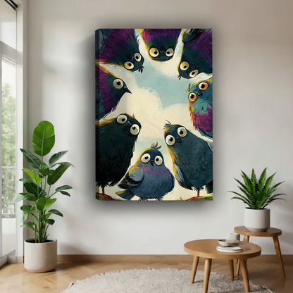  Colorful cartoon pigeon group gallery wrap canvas art print — funny bird wall decor for eclectic living space