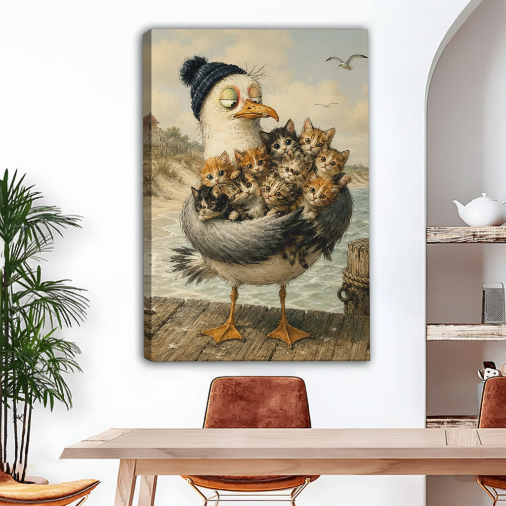 Whimsical seagull in knit hat cradling kittens canvas wall art in dining room, funny vintage bird and cat painting coastal home decor