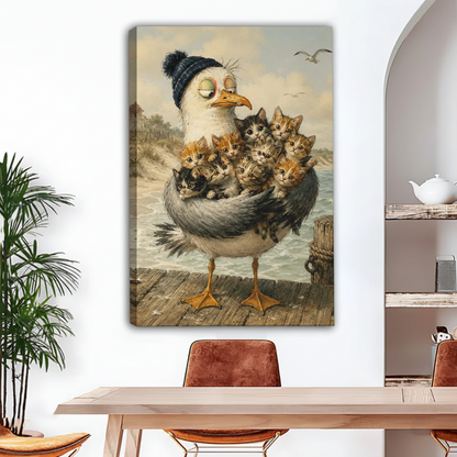 Whimsical seagull in knit hat cradling kittens canvas wall art in dining room, funny vintage bird and cat painting coastal home decor