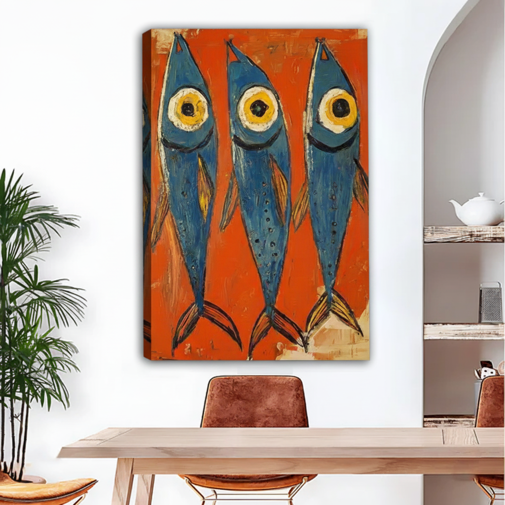 Three blue fish canvas wall art with bold orange background, unframed, displayed above dining table