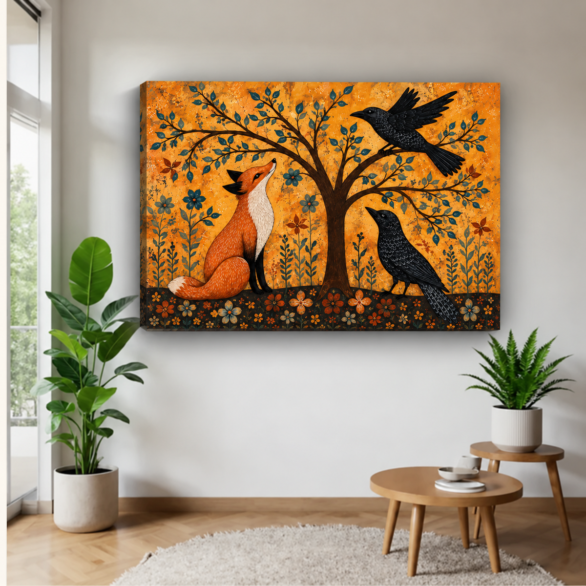 Folk Art Fox and Raven Canvas Wall Art Y666