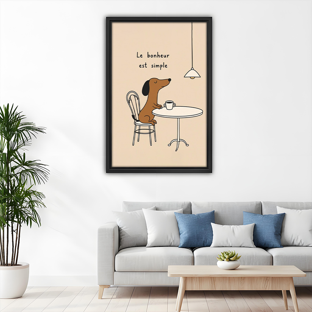 French cafe dachshund canvas wall art framed in black in a children's bedroom with wooden bunk bed and toys