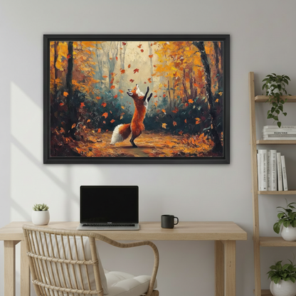 Dancing Red Fox Autumn Forest Art Print Displayed in Boho Living Room – Impressionist Framed Wall Decor
