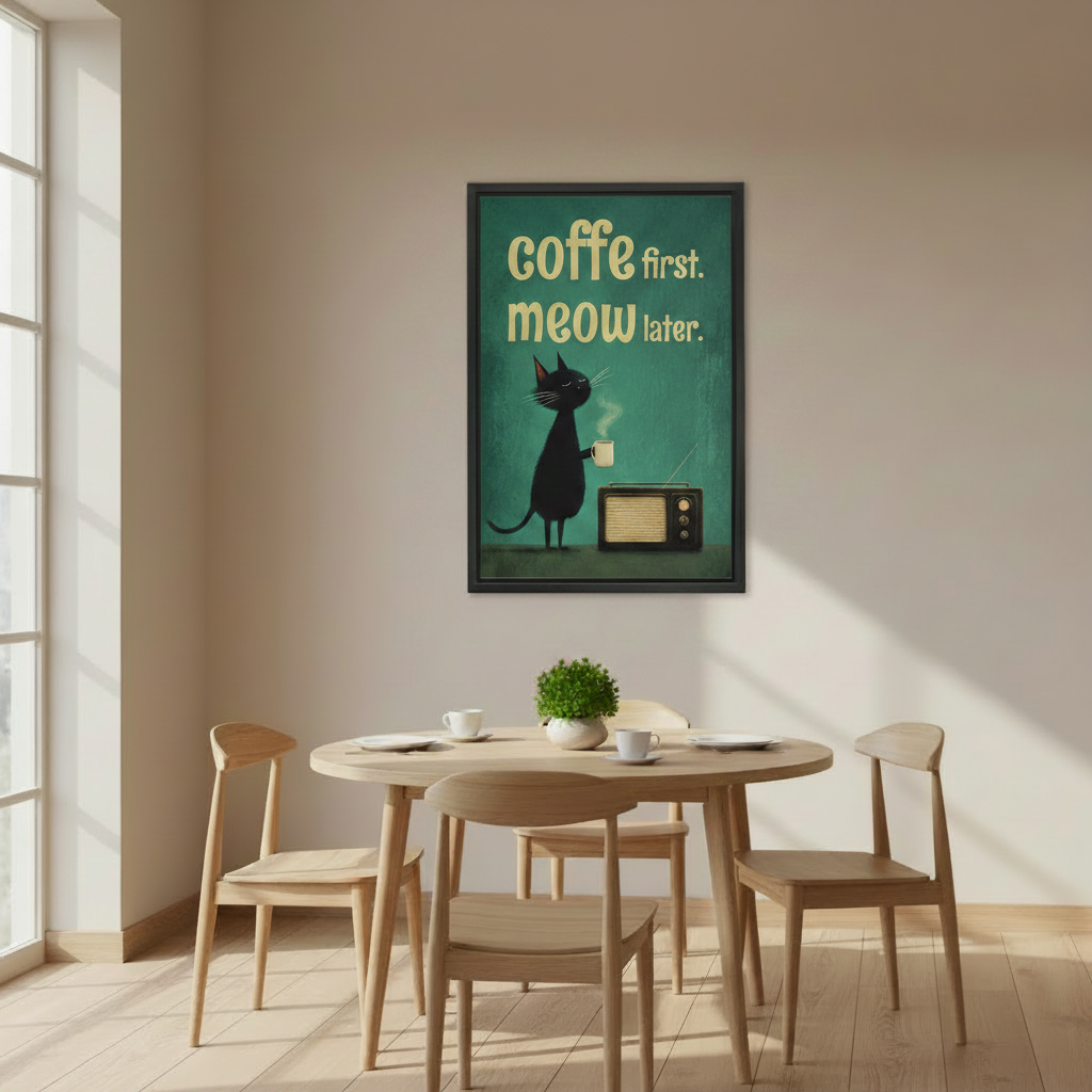Quirky black cat with coffee mug vintage radio meow later teal retro wall art print in black frame above Scandinavian round oak dining table with white coffee cups and green plant in minimalist dining room