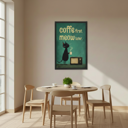 Quirky black cat with coffee mug vintage radio meow later teal retro wall art print in black frame above Scandinavian round oak dining table with white coffee cups and green plant in minimalist dining room