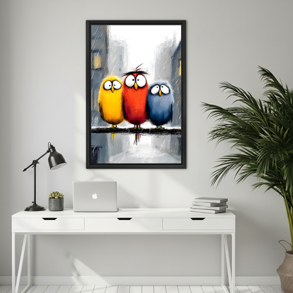 Three funny cartoon birds on wire oil painting framed wall art in yellow red and blue hung above white desk with laptop and black task lamp in minimalist home office