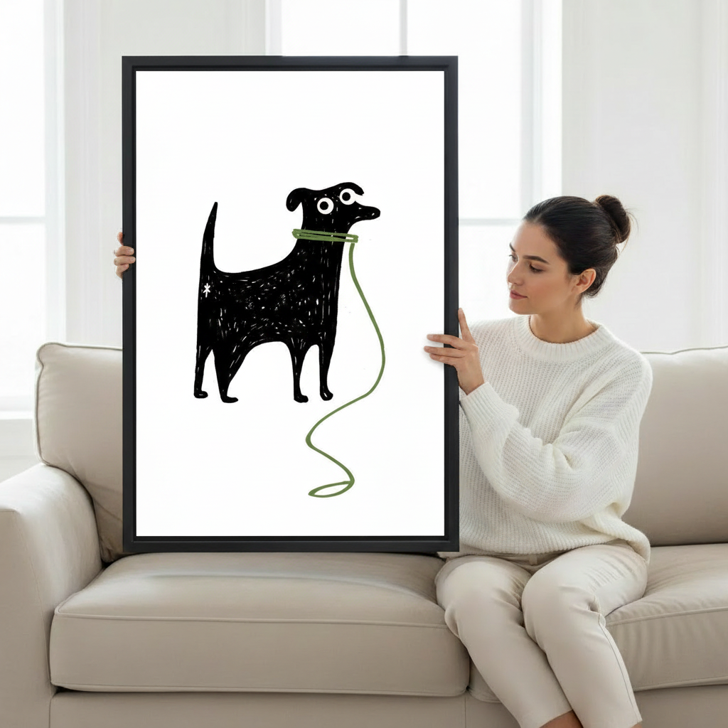 Woman holding large minimalist dog canvas print with black frame — whimsical animal wall art for living room