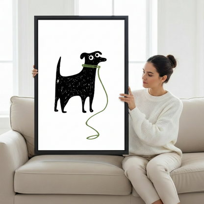 Woman holding large minimalist dog canvas print with black frame — whimsical animal wall art for living room