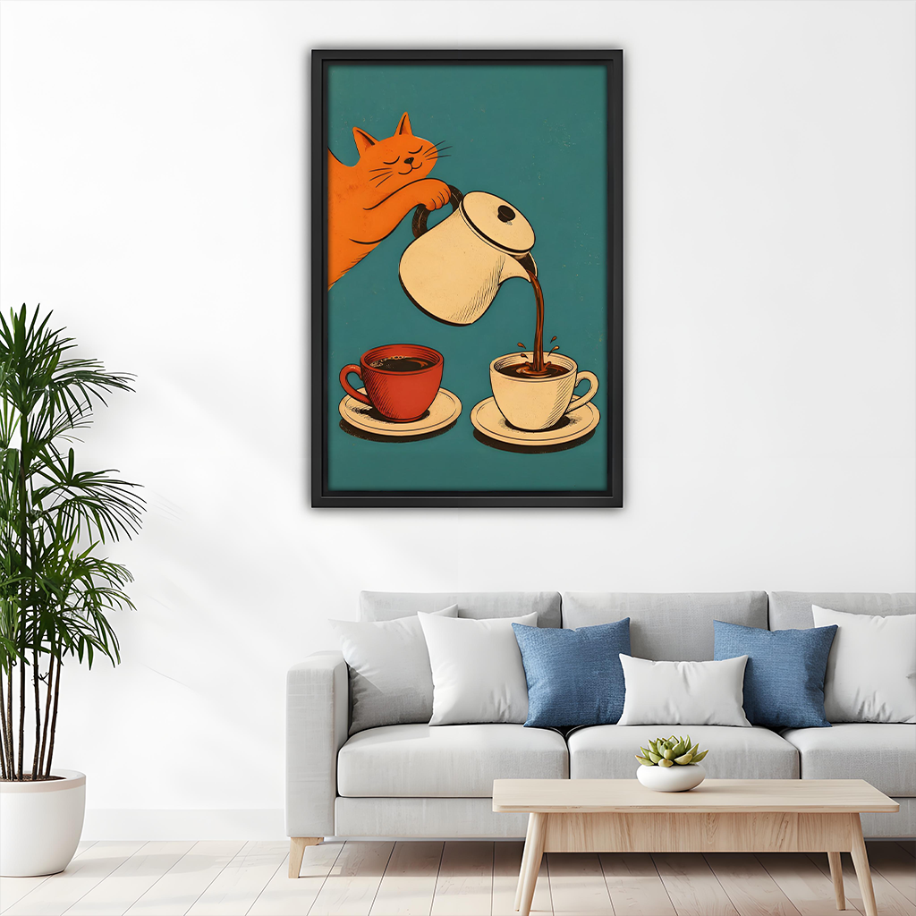 Framed playful cat coffee canvas wall art held by a smiling woman in a bright room.