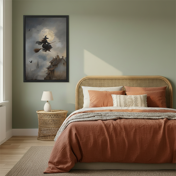 Black-framed moonlit flying witch canvas wall art beside a rattan bed with terracotta bedding against a green wall.