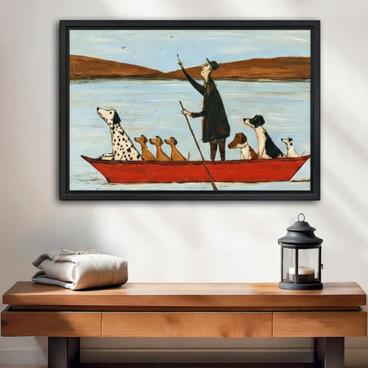 Framed folk art man poling red boat with dogs canvas wall art above wooden console table in modern entryway