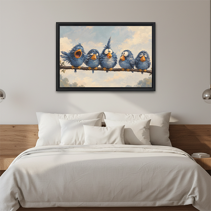 Whimsical five-bird canvas wall art shown framed above a wooden console with a lantern.