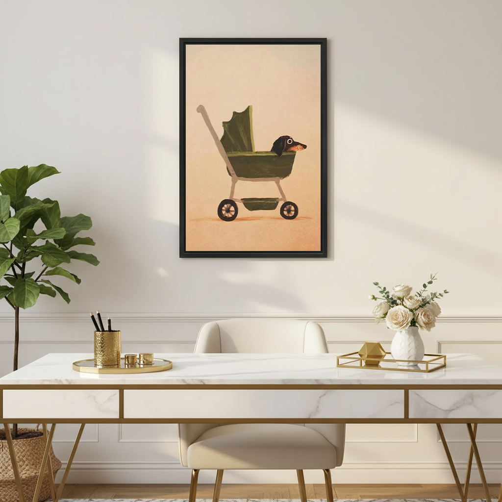 Dachshund stroller whimsical framed art print displayed above marble desk with gold accents in elegant home office