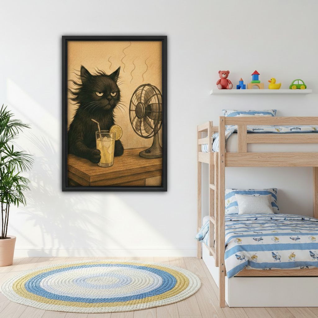 Grumpy black cat fan lemonade humorous retro framed canvas art on kids bedroom wall with bunk bed