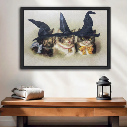 Three witch cats Victorian halloween vintage framed canvas wall art above wooden console in entryway