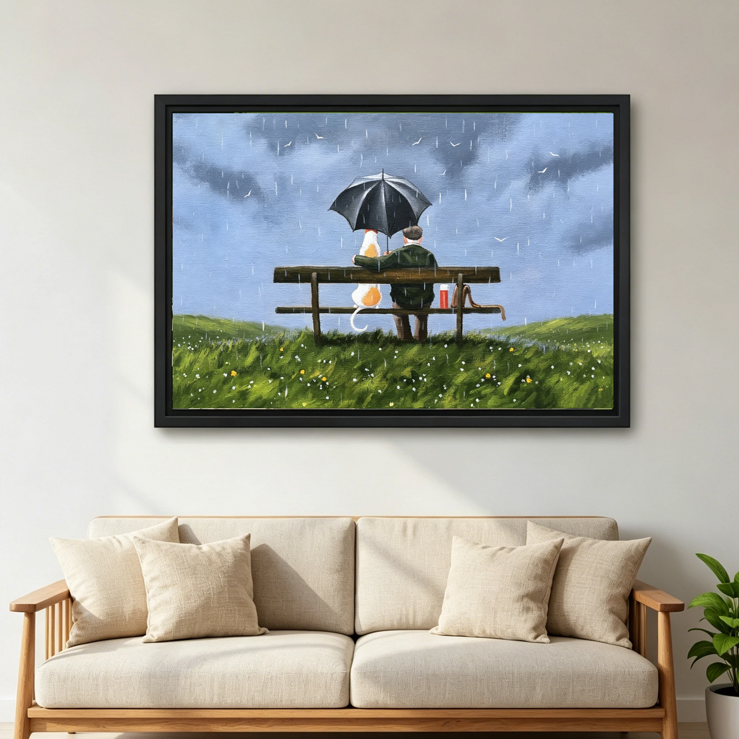 Old man cat sharing umbrella rainy bench framed canvas above sofa, emotional oil painting living room wall decor
