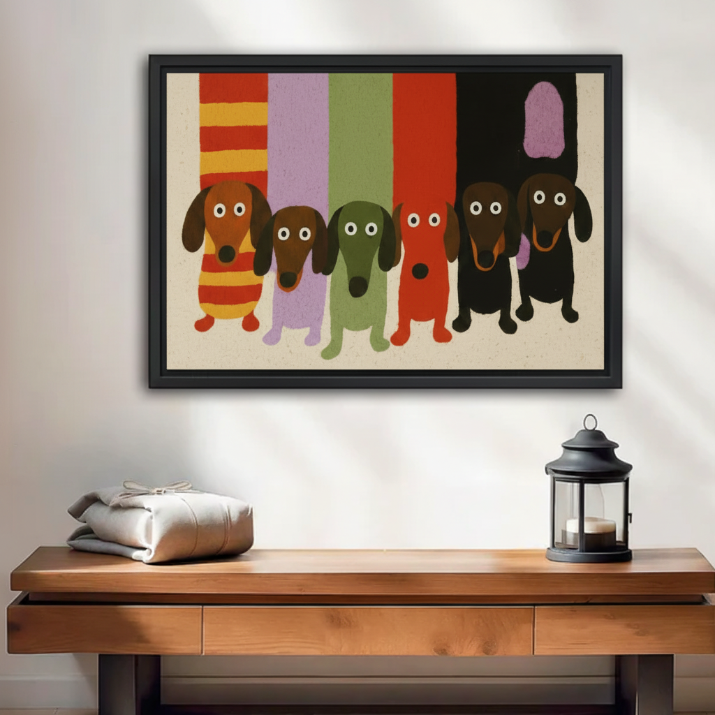 Whimsical dachshund gang framed canvas wall art hung above wooden console table with lantern, colorful retro dog print, black frame, minimalist entryway