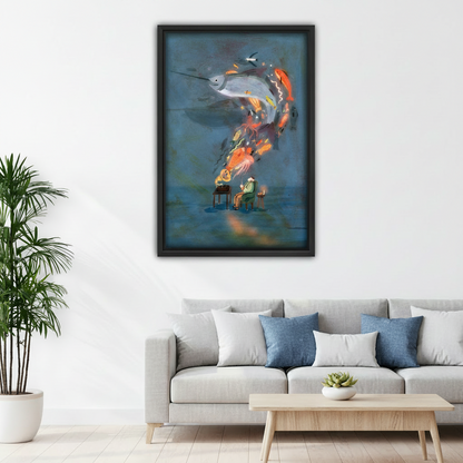 Black framed surrealist gramophone and swordfish wall art above a gray sofa in a bright modern living room, statement art print