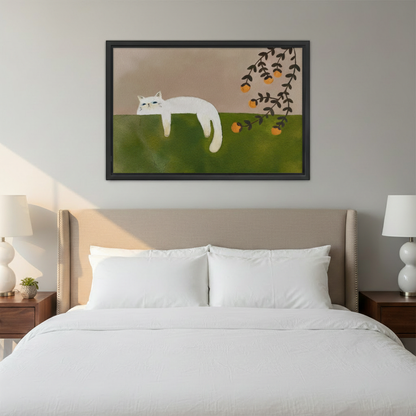 White Cat Minimalist Folk Art Framed Print Above Headboard – Minimalist Cat Wall Art for Bedroom
