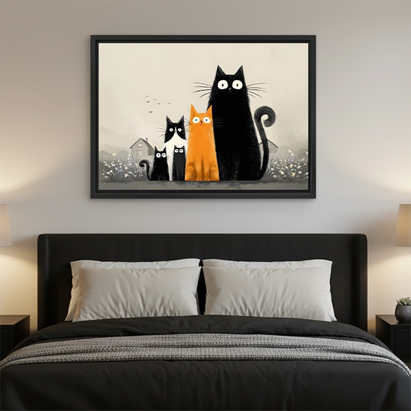 Framed five cats canvas wall art hangs above a black entryway table with plants.