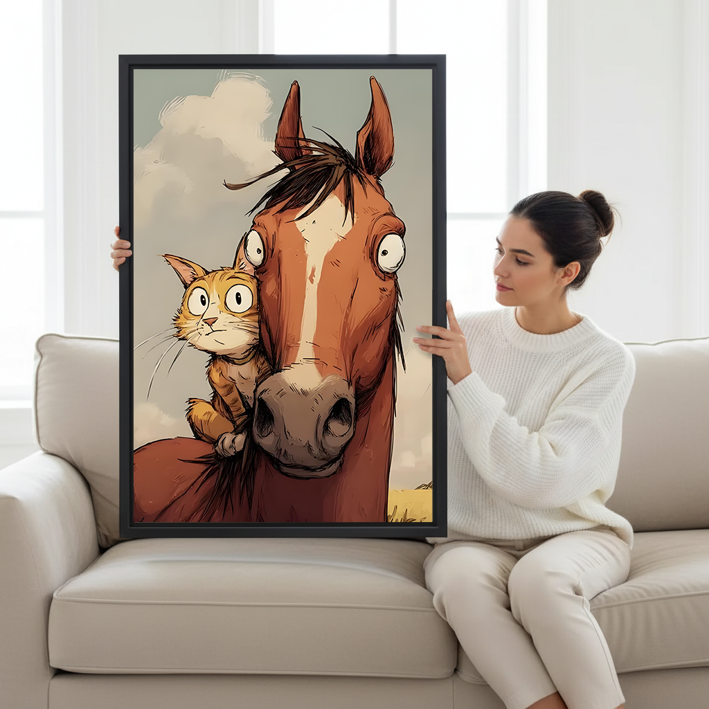 Funny cat and horse whimsical framed wall art held by woman on white sofa