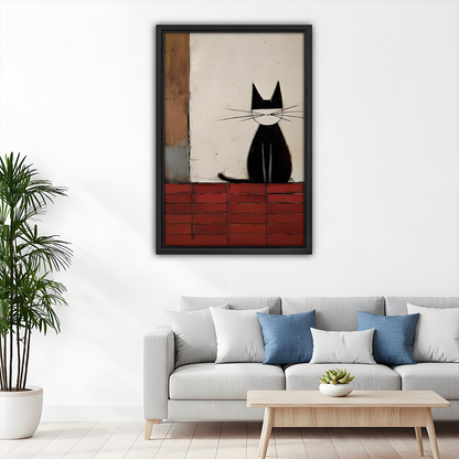 Close view of minimalist black cat canvas wall art in a deep black frame