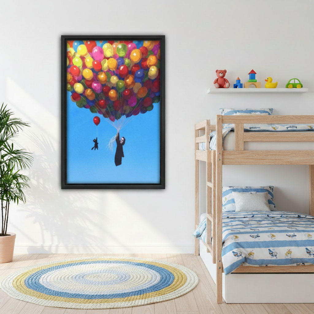  Funny grim reaper and black cat colorful balloon framed art print, black frame, vibrant oil painting blue sky, hung above a grey linen sofa in a bright Scandinavian living room with indoor plant