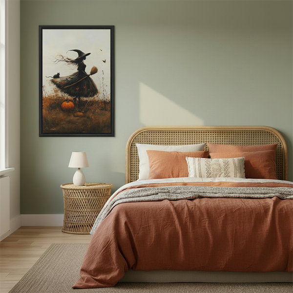Black-framed autumn witch canvas wall art above a cream sofa with a wooden coffee table and potted plant.