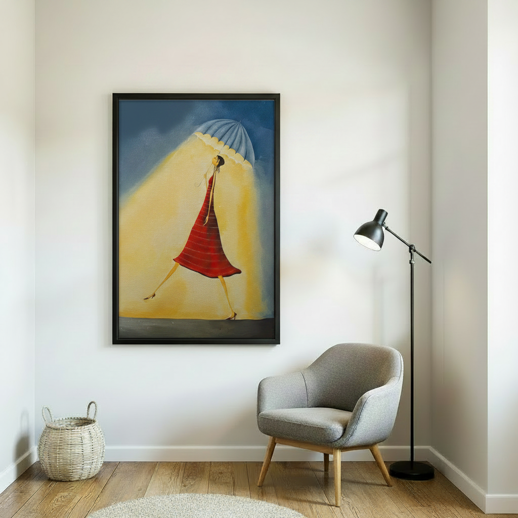 Red dress woman wall art print in black frame — bold surrealist figurative decor for living room