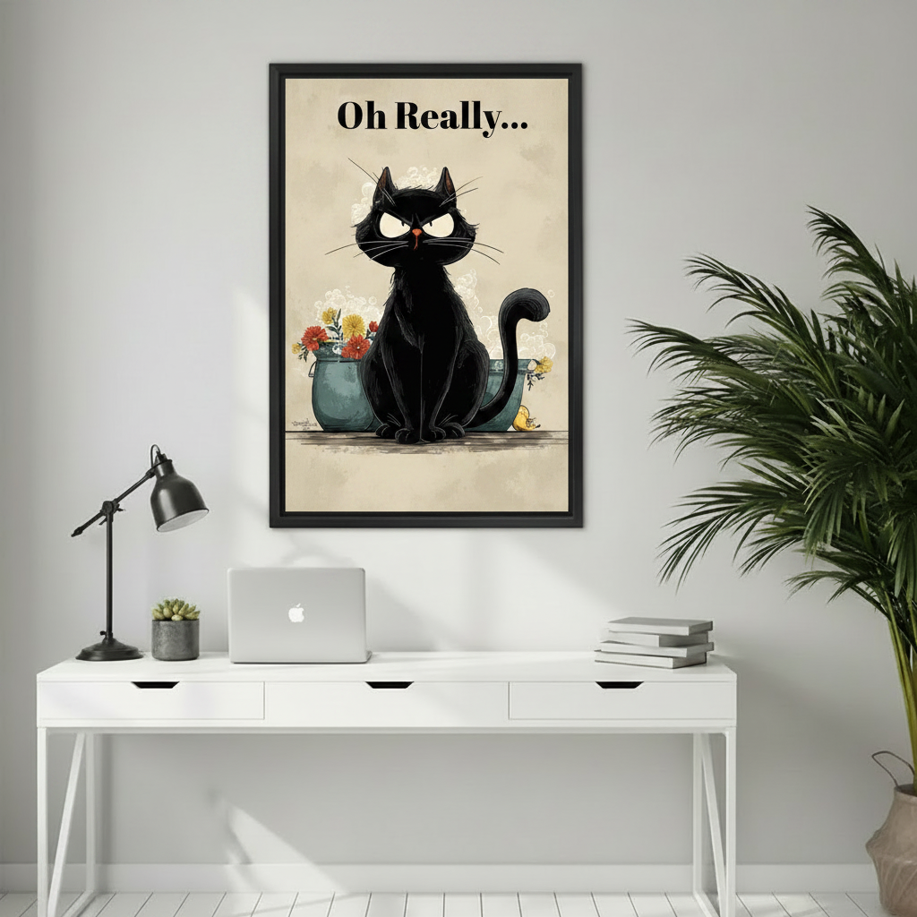 "Oh Really" Grumpy Black Cat Vintage Canvas Wall Art l2012