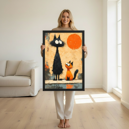 Whimsical Black Orange Cat Duo Wall Art Canvas Print l2031