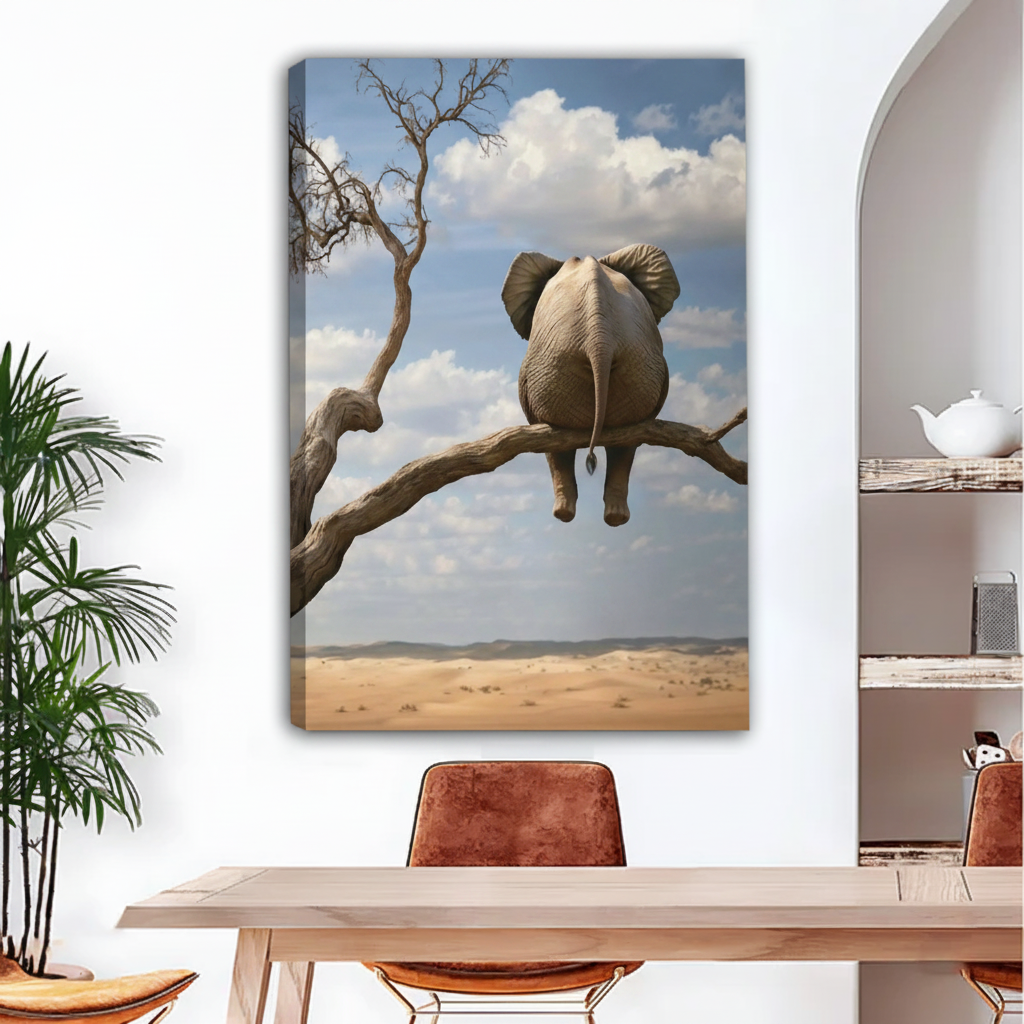 Elephant sitting on tree branch surreal funny desert gallery wrap canvas wall art in dining room