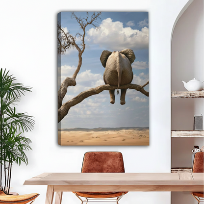Elephant sitting on tree branch surreal funny desert gallery wrap canvas wall art in dining room