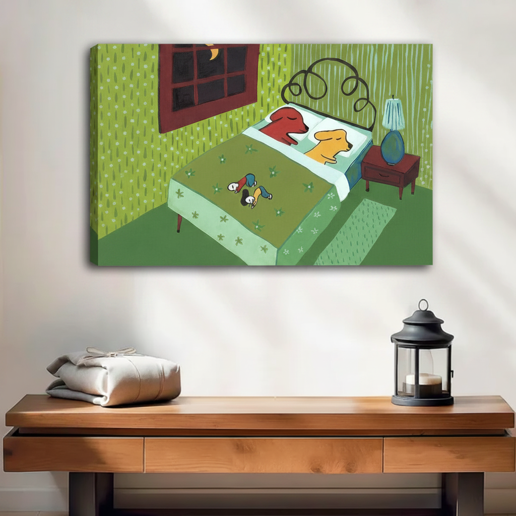 Whimsical dogs stole the bed canvas wall art gallery wrap, colorful retro dog illustration, frameless canvas print hung above wooden console table with lantern in warm entryway
