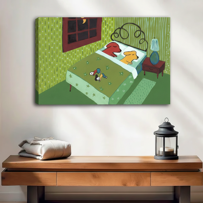 Whimsical dogs stole the bed canvas wall art gallery wrap, colorful retro dog illustration, frameless canvas print hung above wooden console table with lantern in warm entryway
