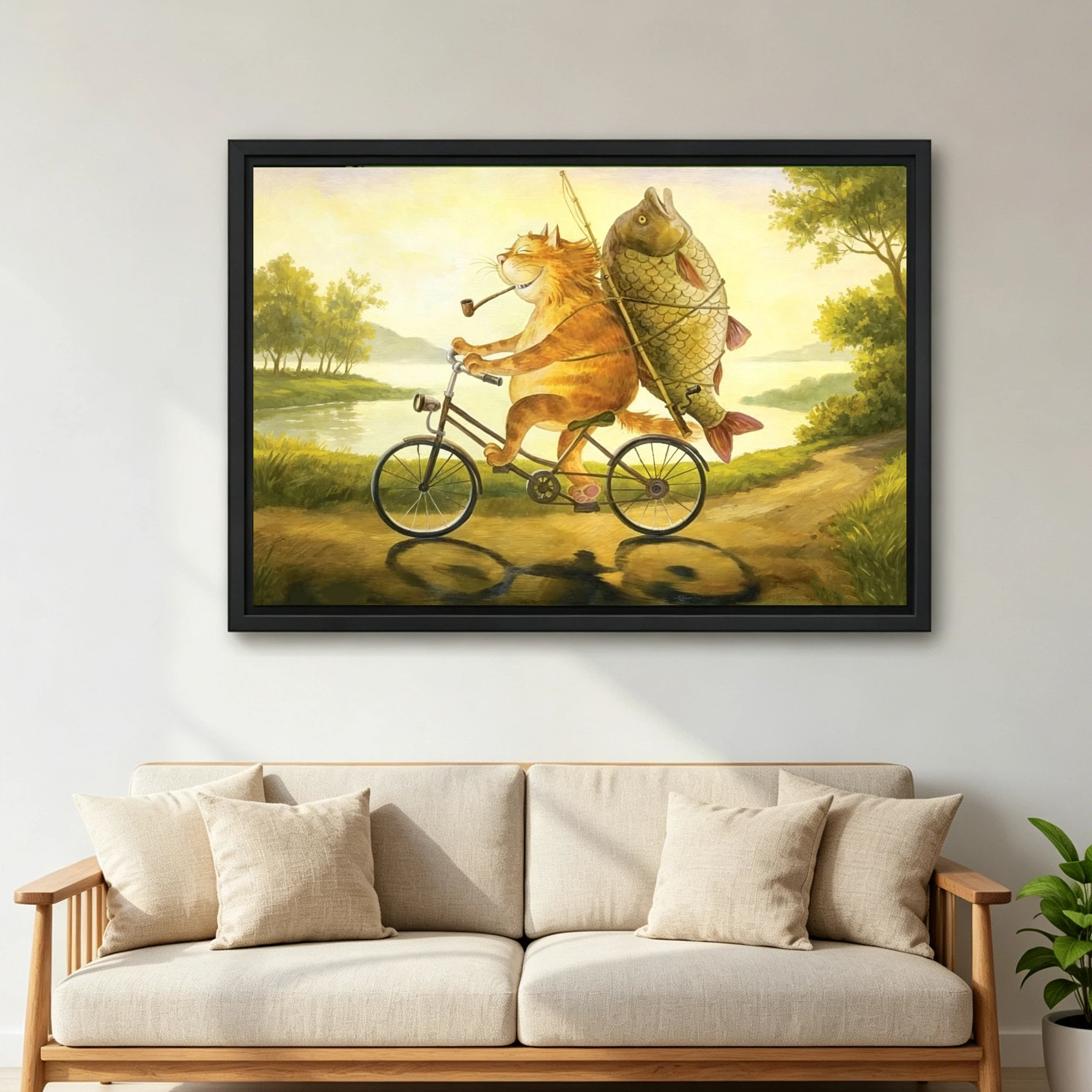 Fat cat bicycle fish framed canvas wall art above sofa, whimsical animal print living room decor warm golden hues
